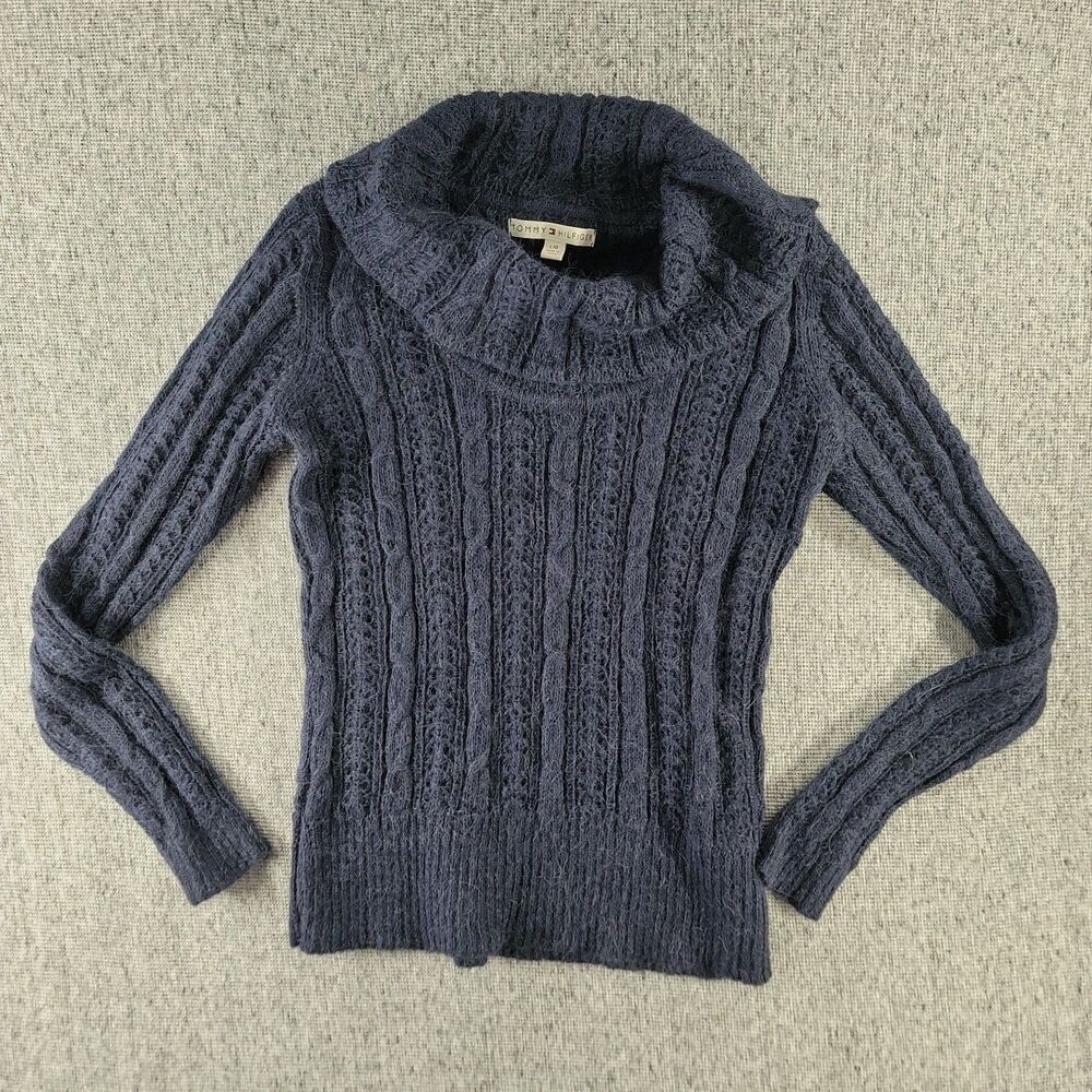 Vtg Tommy Hilfiger Cowl Neck Sweater L Alpaca Mohair Blend Open Cable Knit